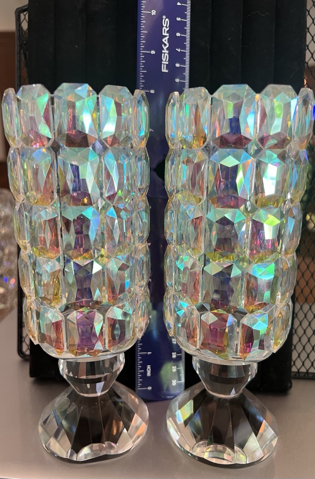 Pair of matching Table Top Decor Crystal Glass Candle Holders 8″H x 2 3/4″ D EUC