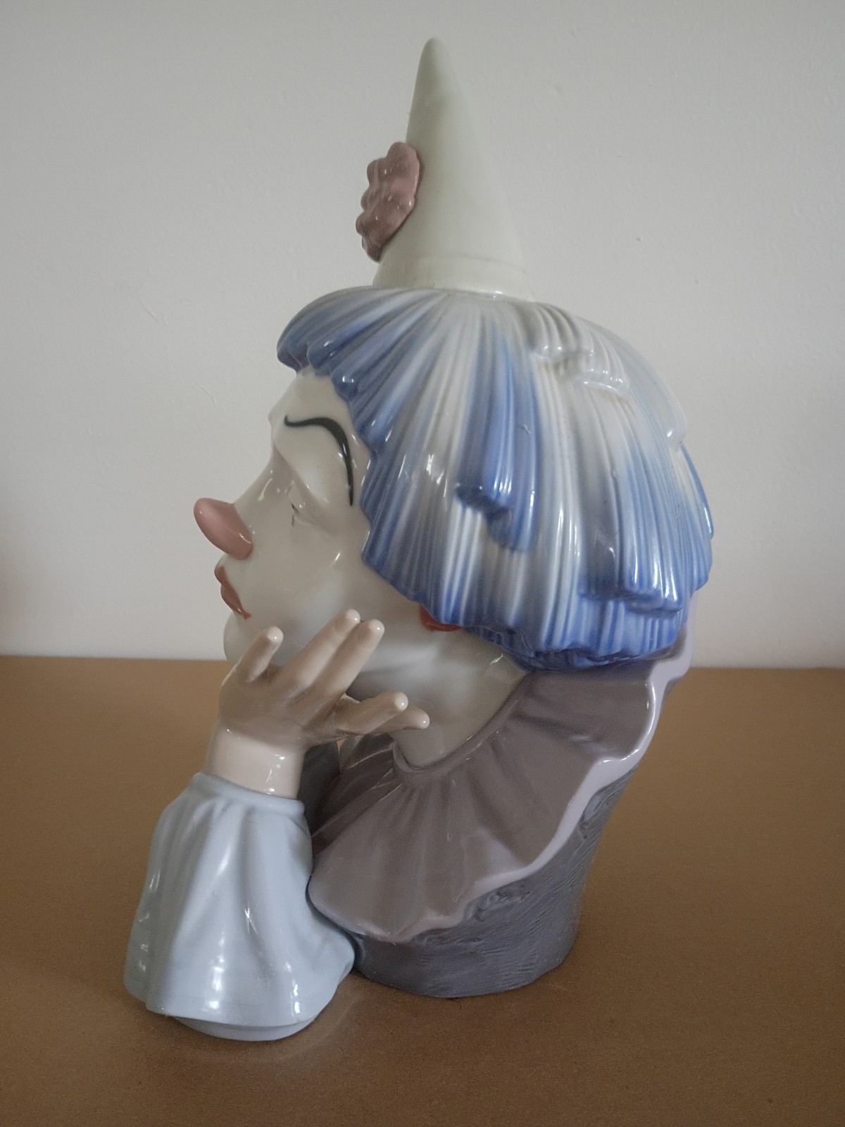 Porcelain Clown Bust Figurine, Blue White Gray Pink, Glossy Finish, Unboxed