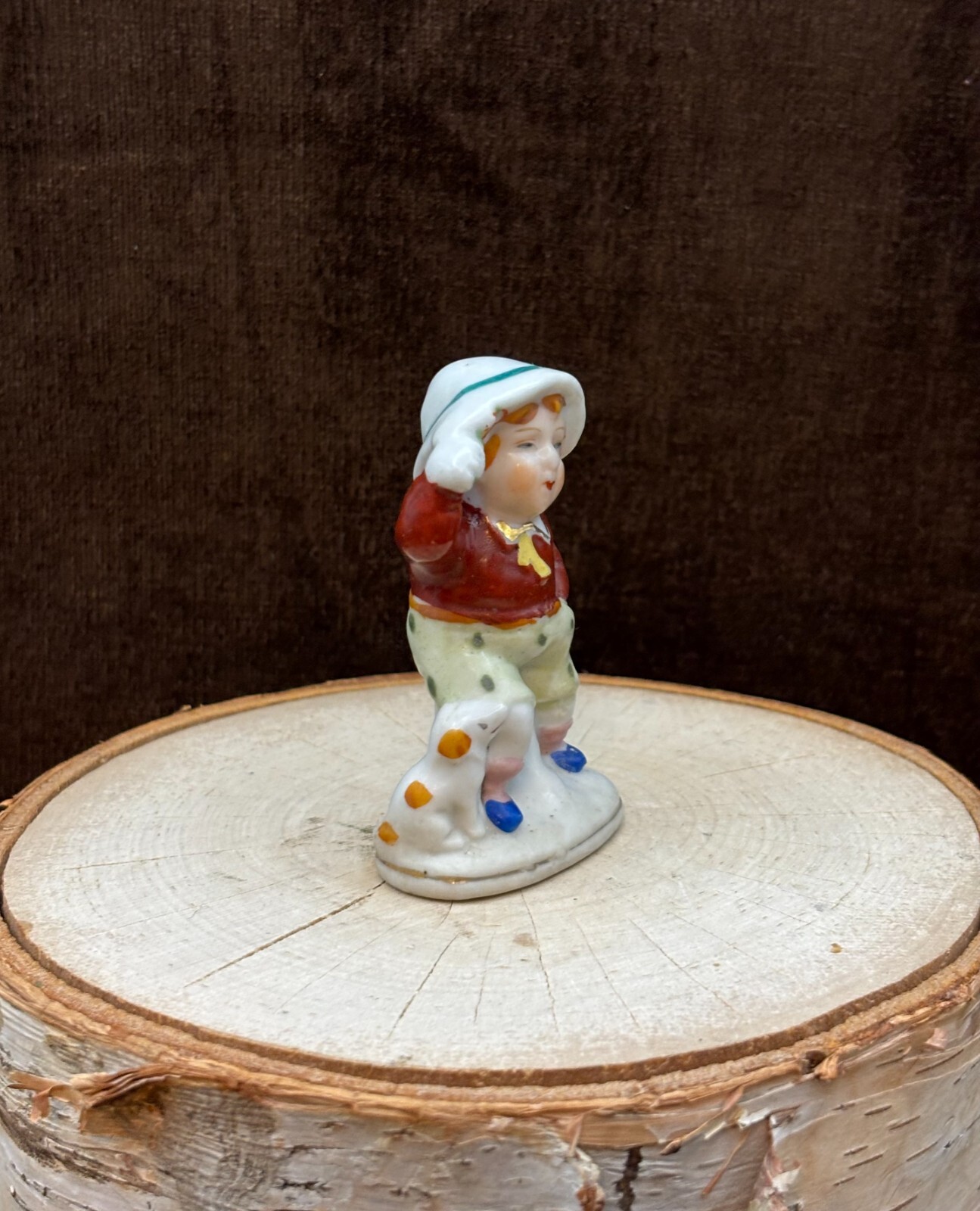 LITTLE BOY w/a Hat & His Puppy 2 3/4″ TALL Porcelain Made In OCCUPIED JAPAN EUC