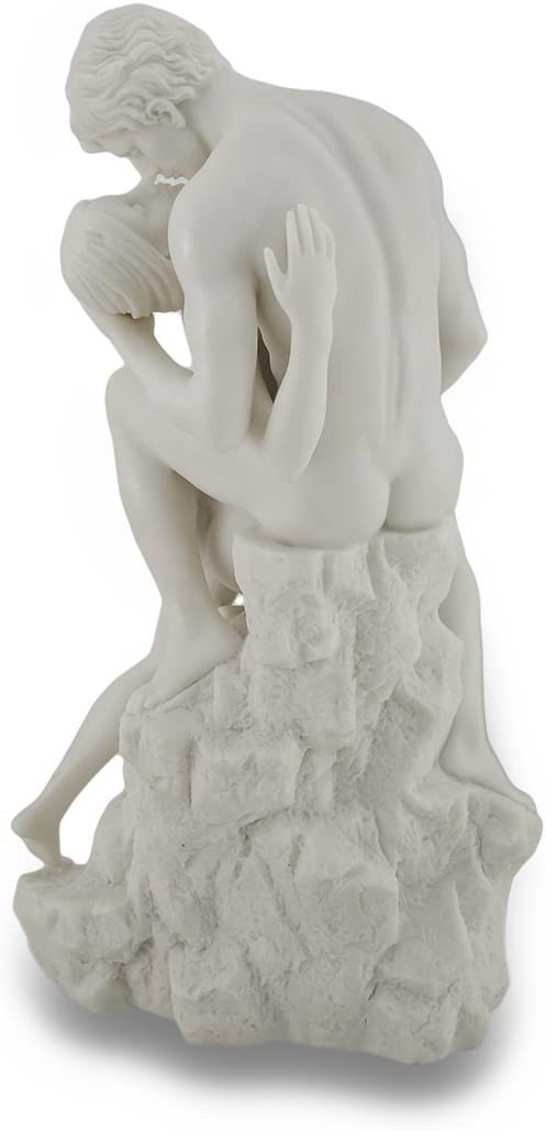 11.5″ LOVERS KISSING on Rock Nude Male & Female Statue White Marble Finish
