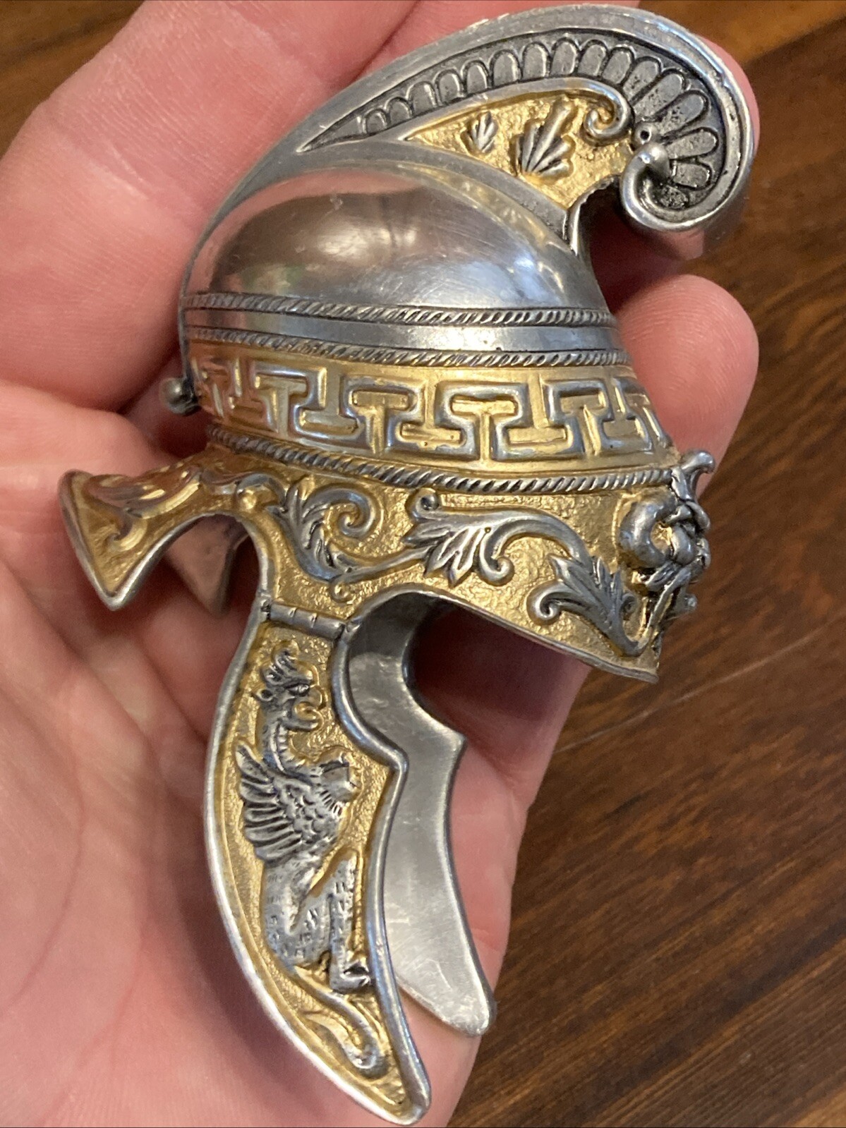 Vintage Miniature Greek Roman Helmet Silver Gold Ornate