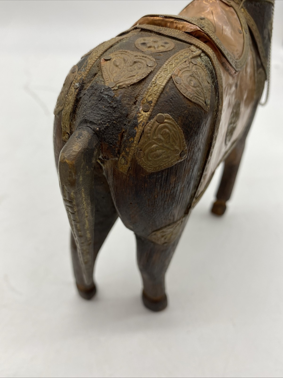 Vintage Wood Horse Hand Carved with Ornate Brass And Copper Accents 8”