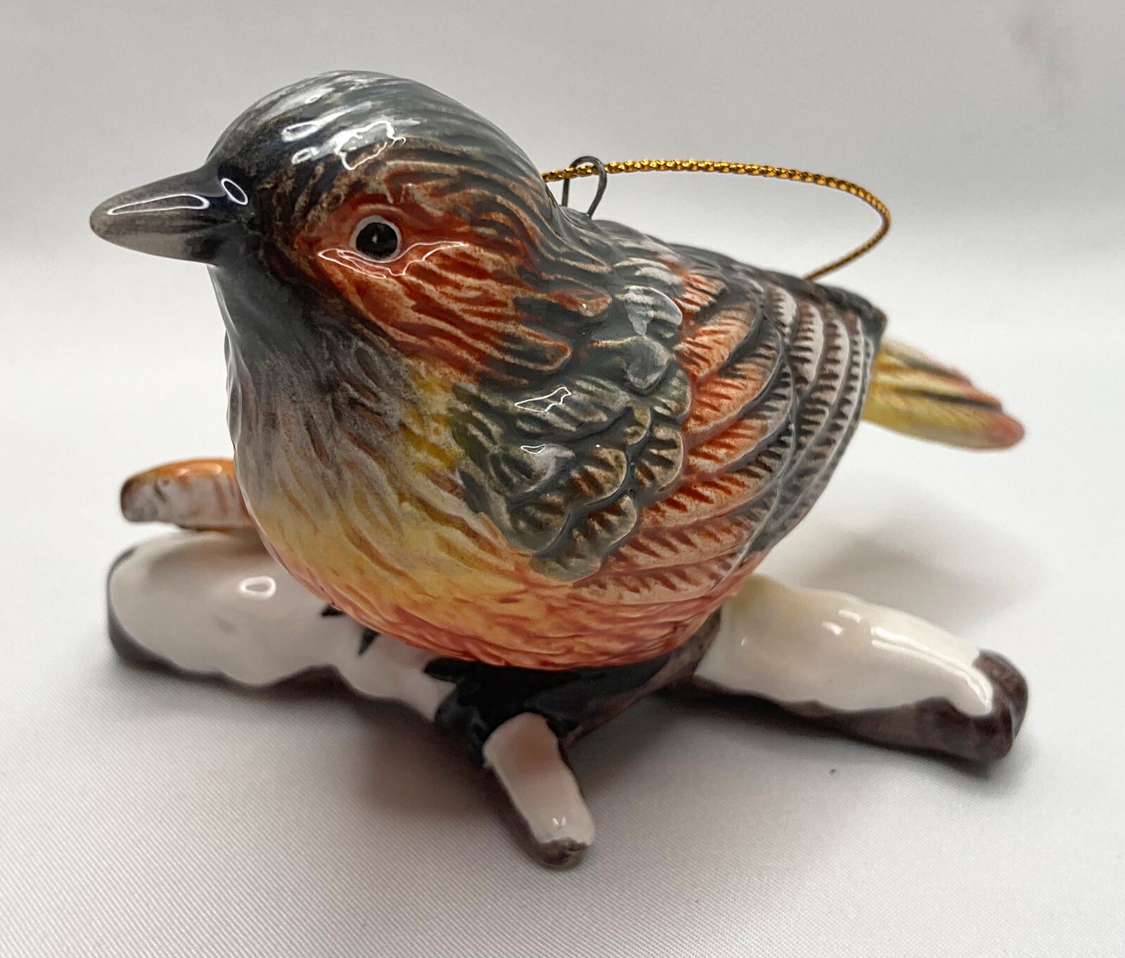 Orange Brown Grey Yellow Ceramic Hanging Ornament Bird On Snowy Branch Figurine