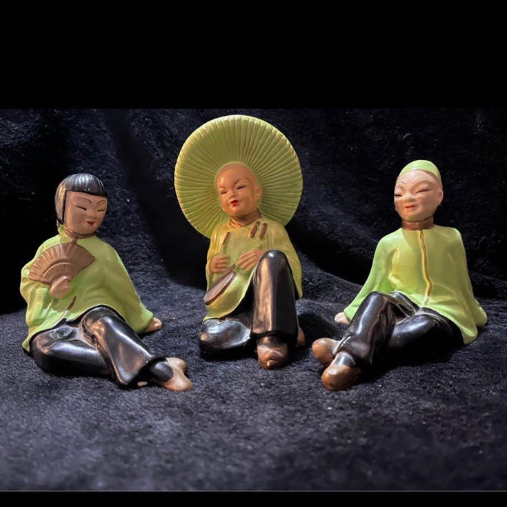 Set of 3 MCM Ceramic Painted Seated People Figurines