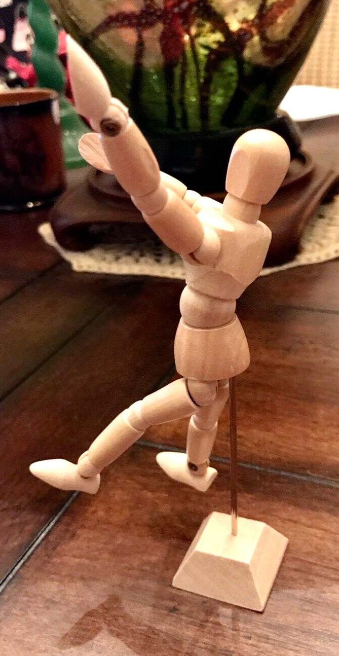 Wooden Articulated Posable Man Figure On Stand 5-3/8″