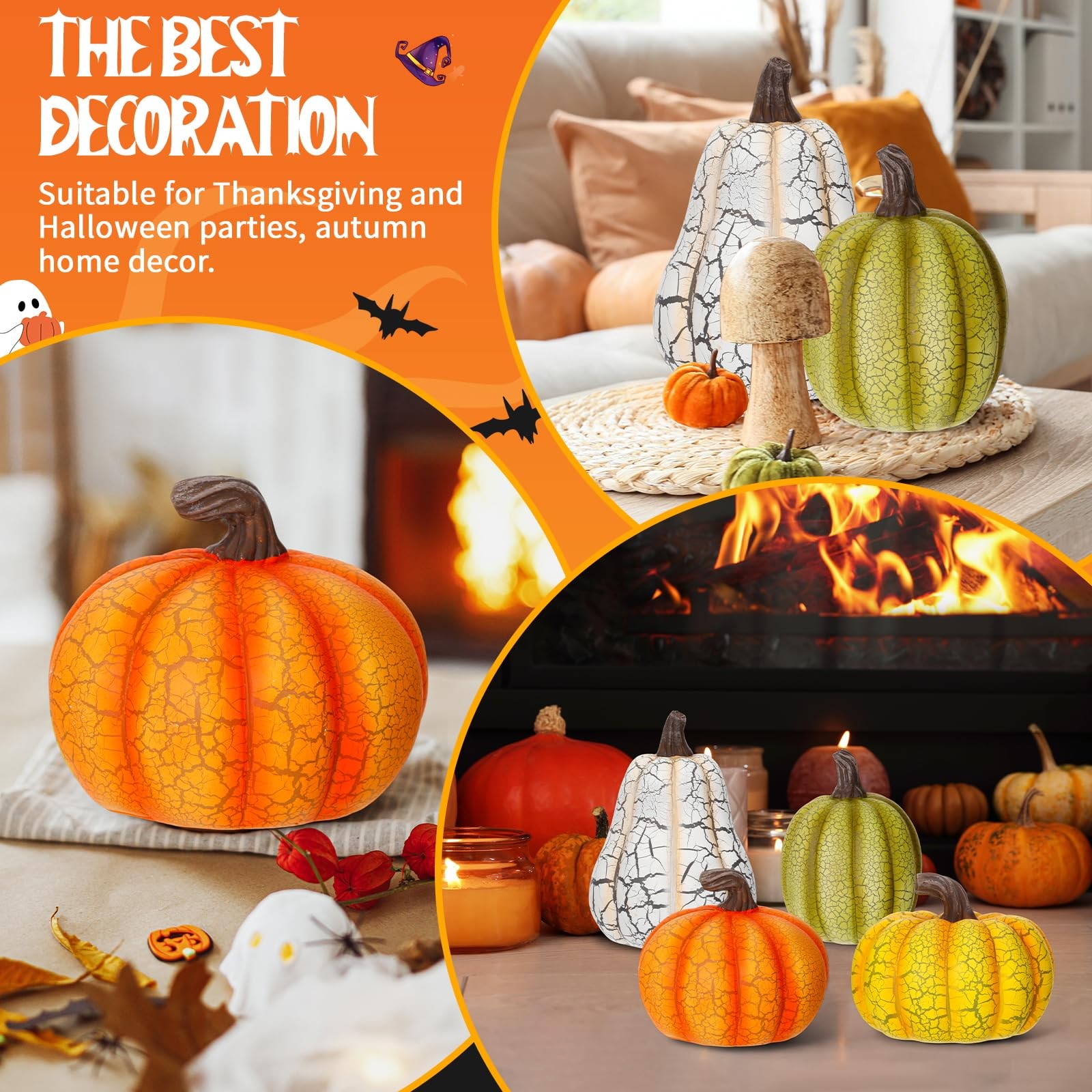 4 PCS Fall Resin Pumpkin Table Decor 6.7 Inch Cracked Halloween Figurine