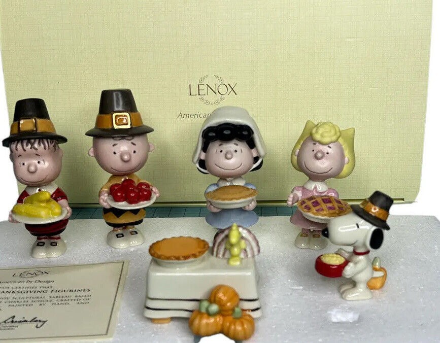 Lenox Peanuts Thanksgiving Figurines 6PC Pilgrim Dinner Snoopy Charlie Brown NEW