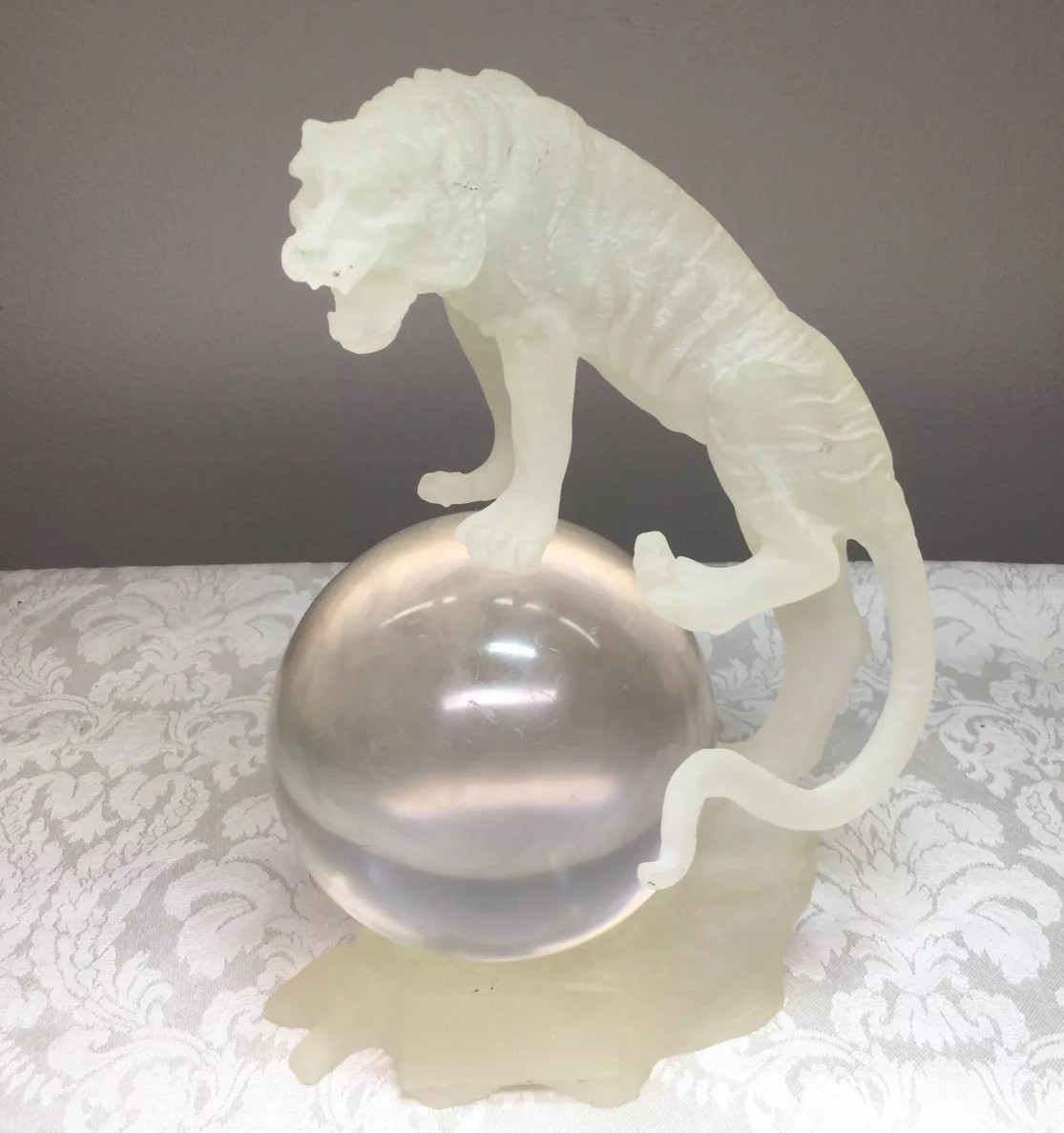 Frosted Lucite Acrylic TIGER w Crystal Ball Sculpture 8.75” Glows In The Dark