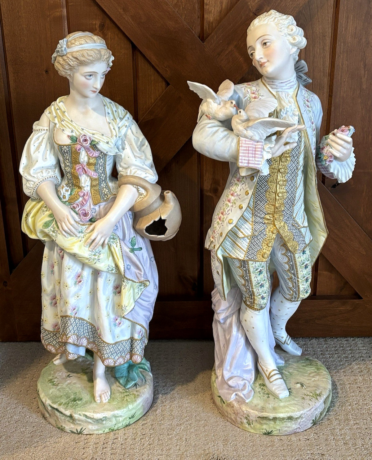 Vion & Baury Antique French Bisque Porcelain Large Statue Set Woman & Man EUC