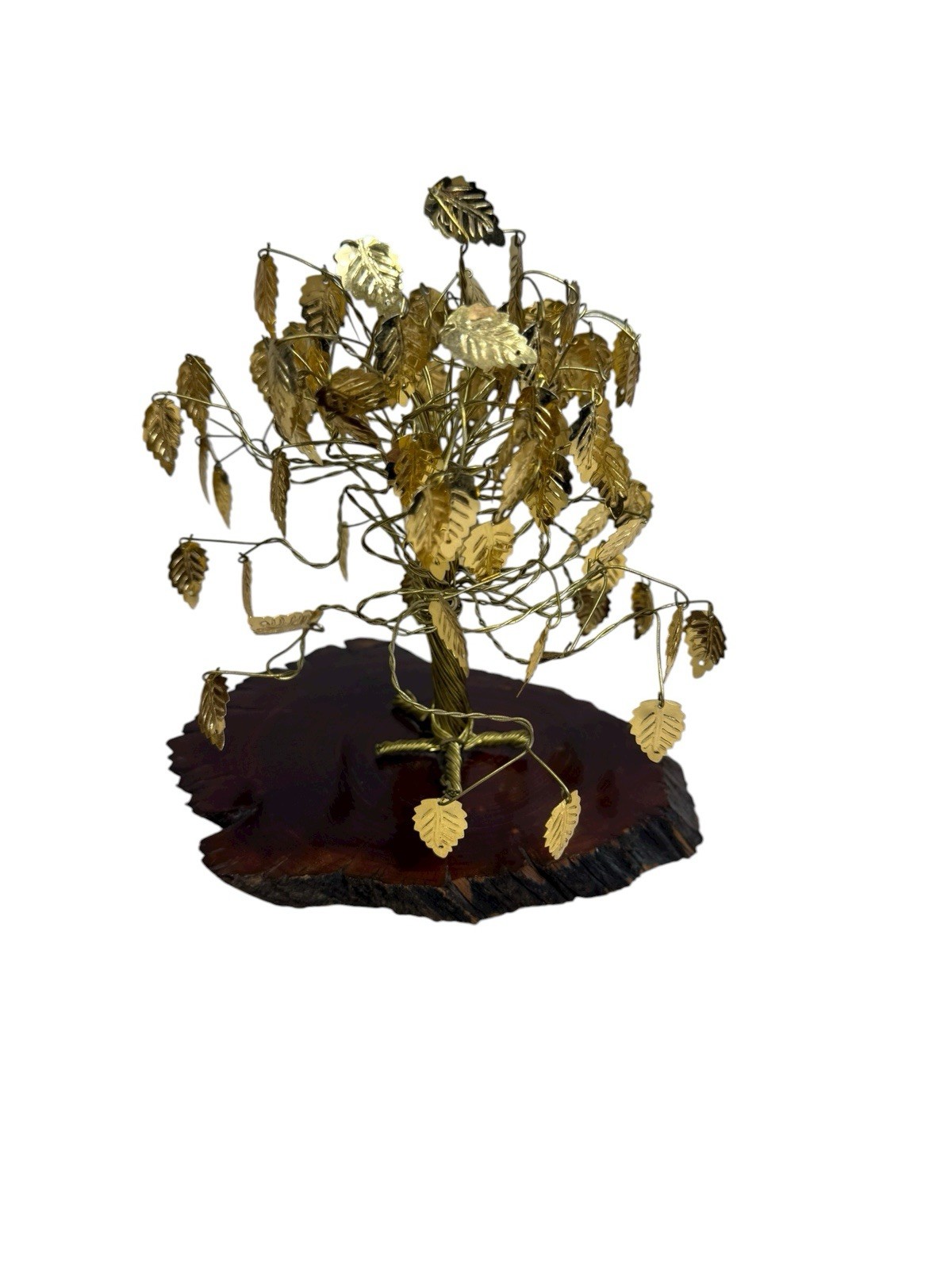 Vintage MCM Gold Leaf Dream Tree Twisted Wire Sculpture on Wood Base