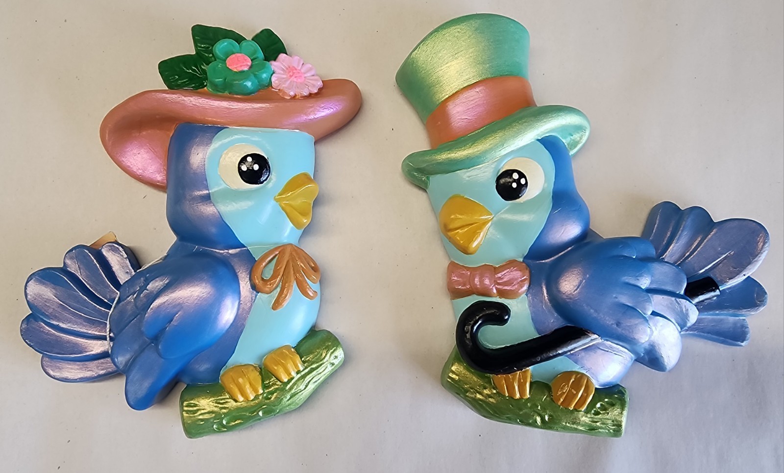 Vintage Style Retro Repro Miller Spring Bluebirds Chalkware Wall Plaques