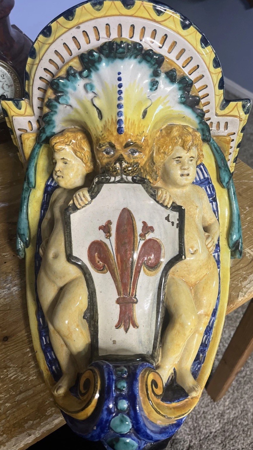 Antique Italian Majolica Putti Heraldic Wall Plaques (pair).