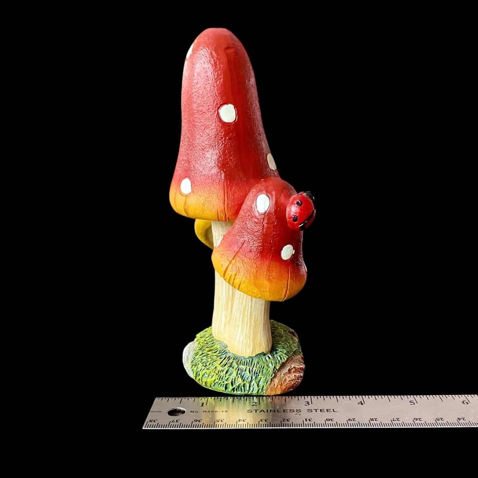 Red Polka Dot Mushrooms & Butterfly Figurine Whimsical Resin Ladybug 7”