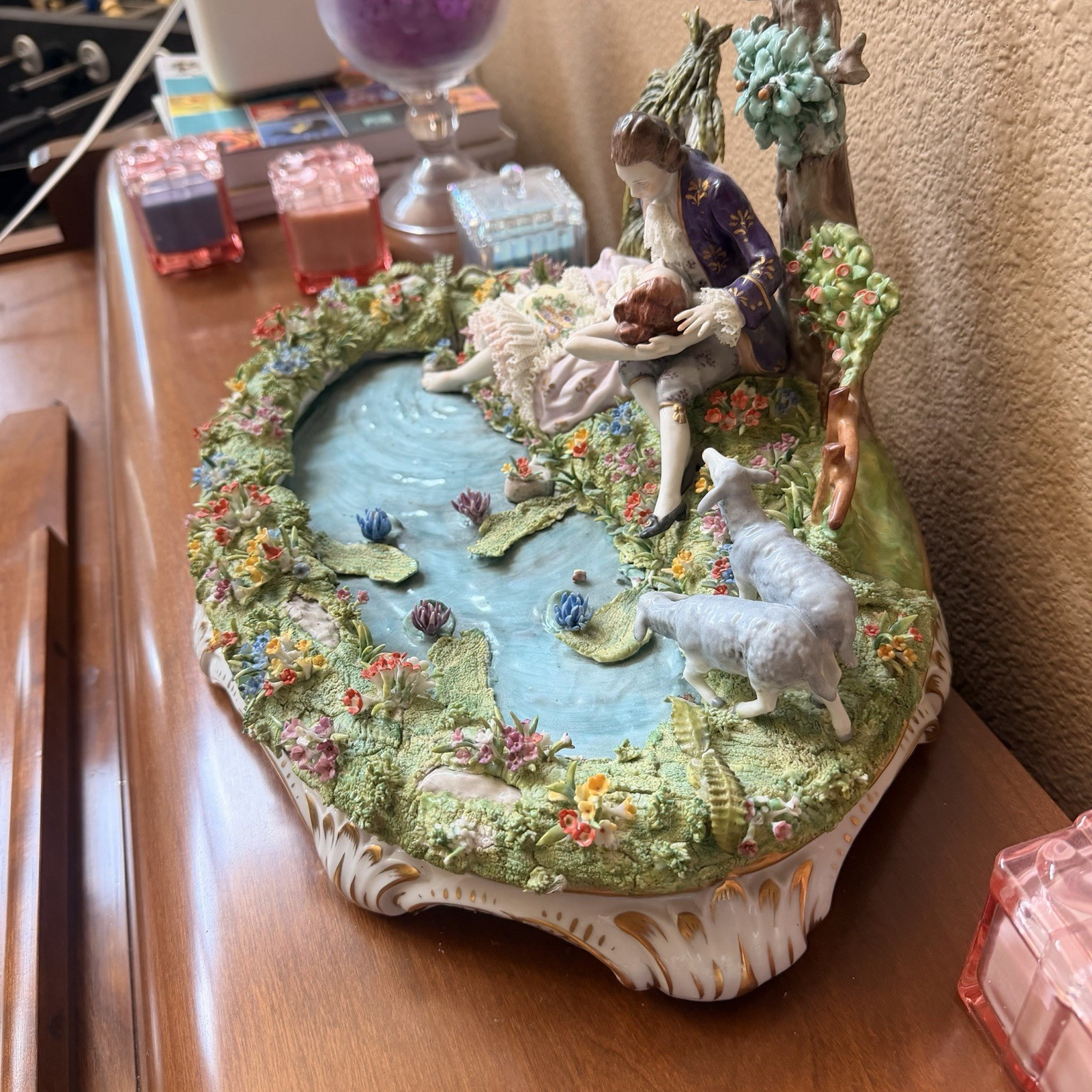 Sitzendorf Porcelain 1970s Two Young Lovers in Garden w/ Lambs Hand-painted