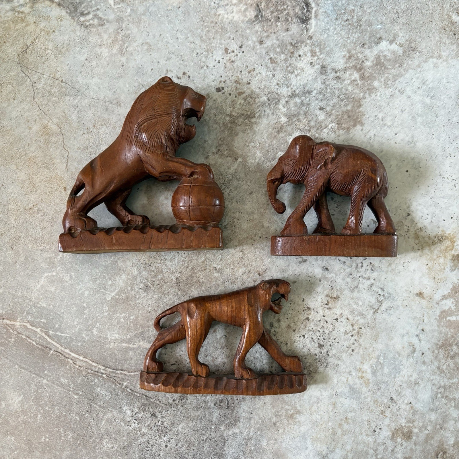 Hand Carved Vintage Philippines Lion Elephant Cat Tiger Animals Wooden Folk Art