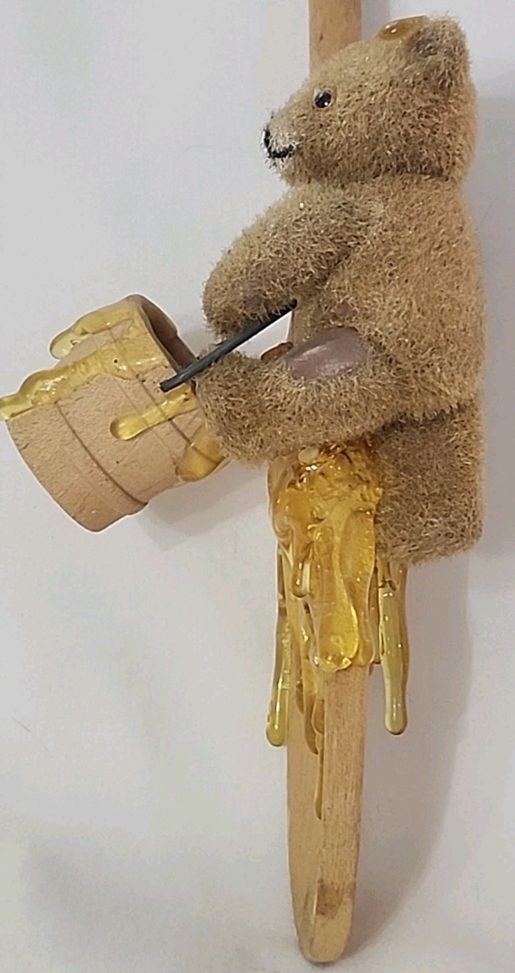 Flocked Teddy Bear & Bucket On Wooden Spoon With Honey 12″ Tall Hanging Rare EC