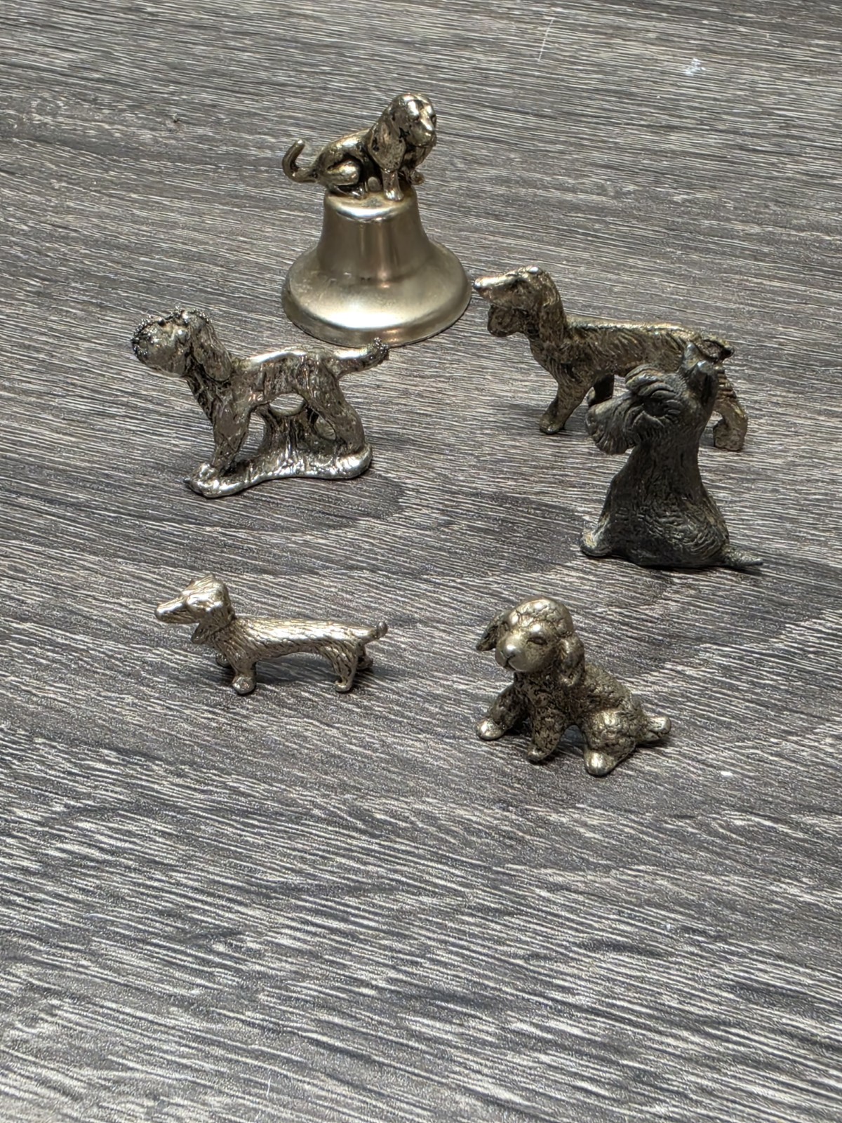Vintage Metal Pewter Dog Lot Schnauzer Dachshund Bell