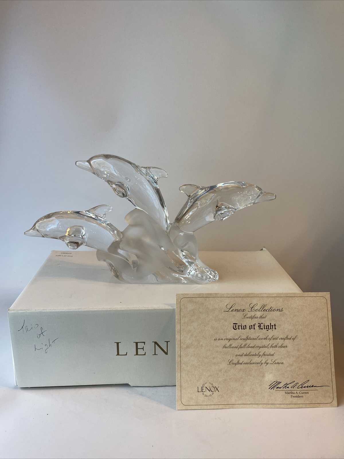 LENOX Full Lead Crystal Trio of Light Dolphins Waves Sculpture Clear & Frosted