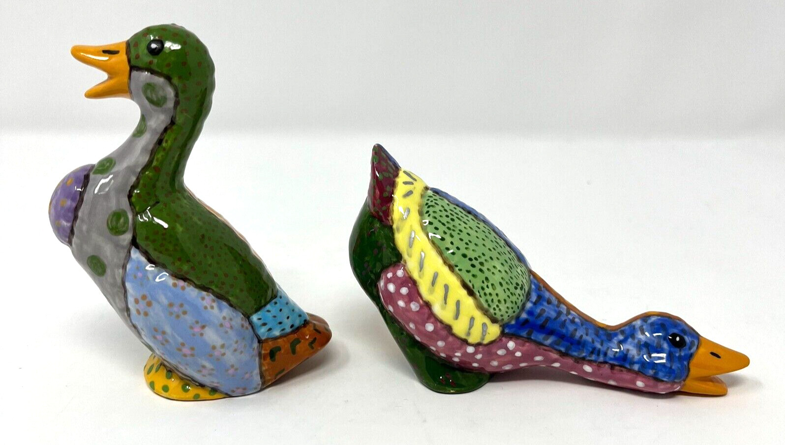 2 Vintage Ceramic Colorful Quilted Pattern Country Ducks Figurines, Signed