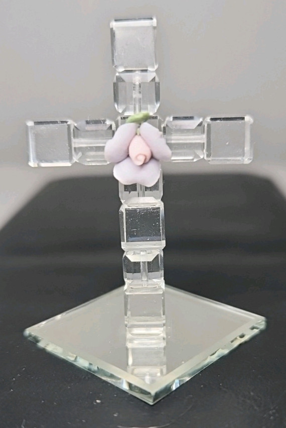 Vintage Miniature CROSS Figurine with Pastel Porcelain Flower – 2″ x 1/2″