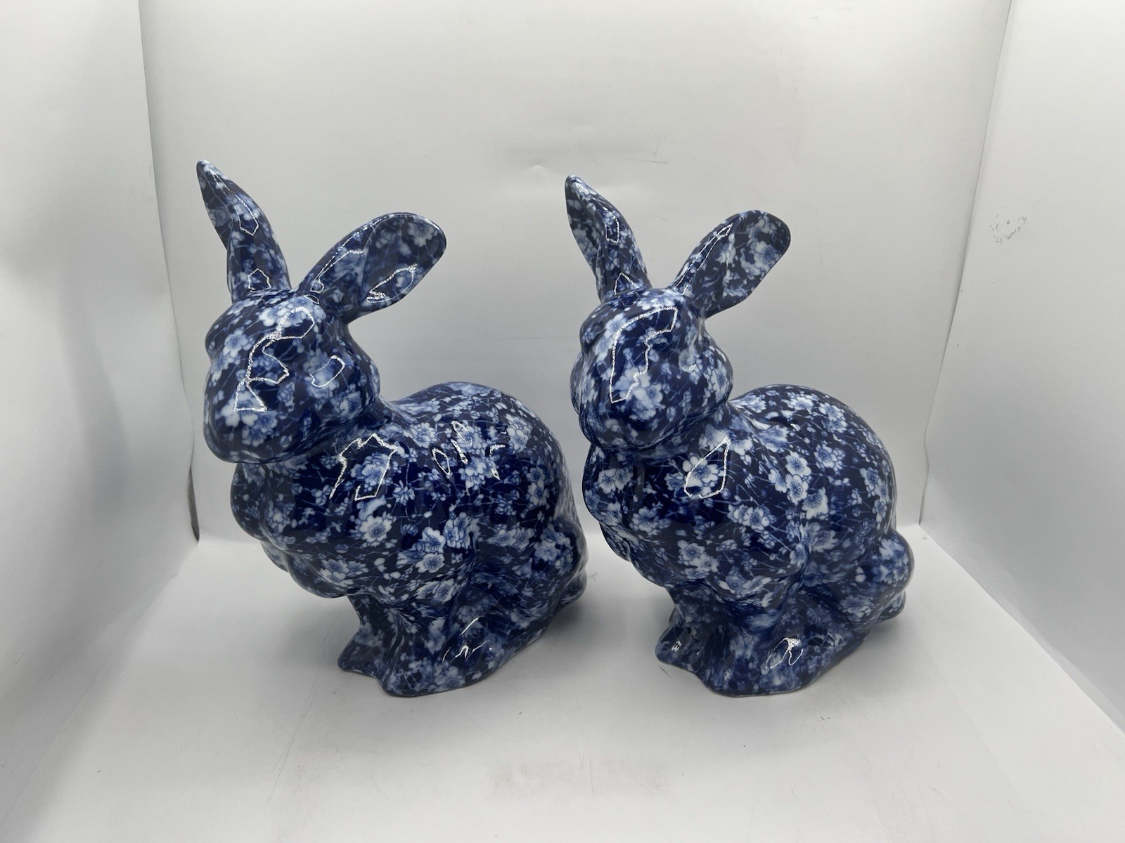 Pair Blue White Floral Ceramic Bunny Rabbits Chinoiserie Decor 12” Rare, NICE