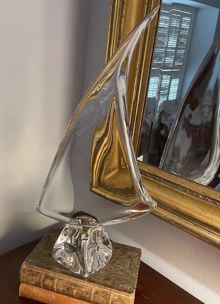 Daum Crystal Sail Sculpture, Label & Signature -Base 21h x 11” Perfect Condition