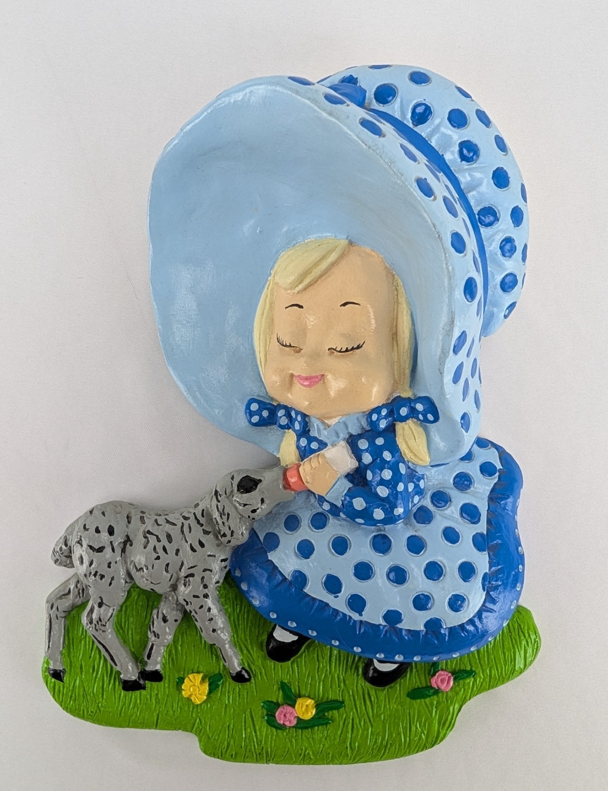 Vintage Plaster Chalkware Cottage Folk Girl in Blue Bonnet Baby Lamb Wall Decor