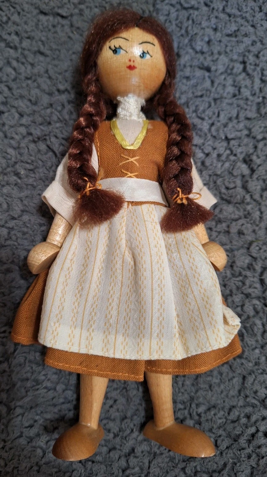 Vintage Polish Wooden Peg Doll Folk Art brown pig tails traditional 70s Danish