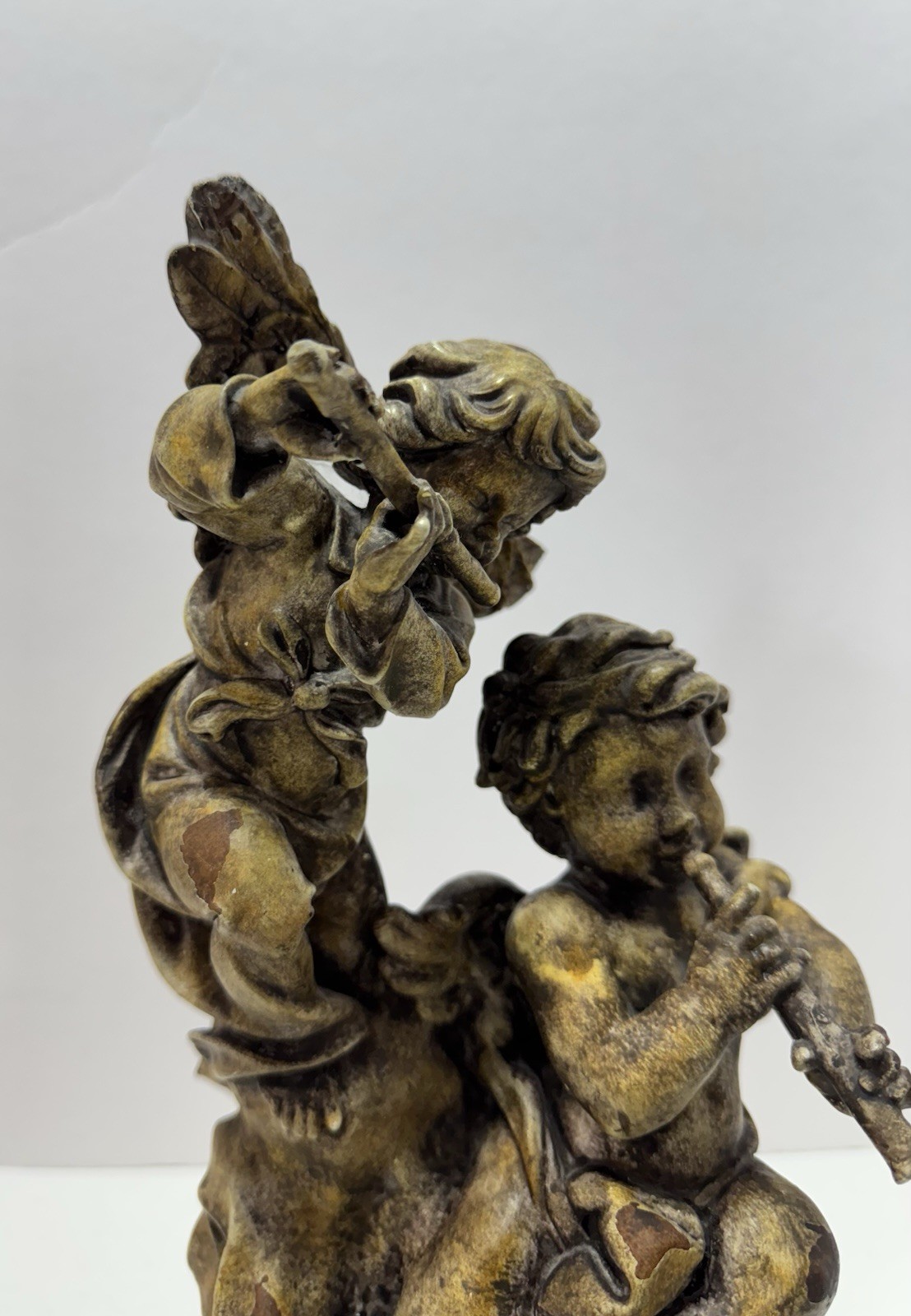 Antique Gold Cherub Statue Baroque-Style Angel Figurine with Musical Instruments