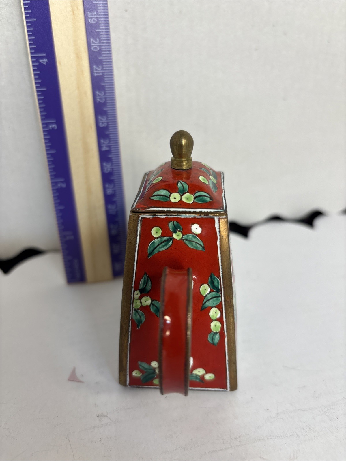 Vintage 1999 Kelvin Chen Mini Hand Painted Enamel Teapot Bird Red #688 Pine Leaf