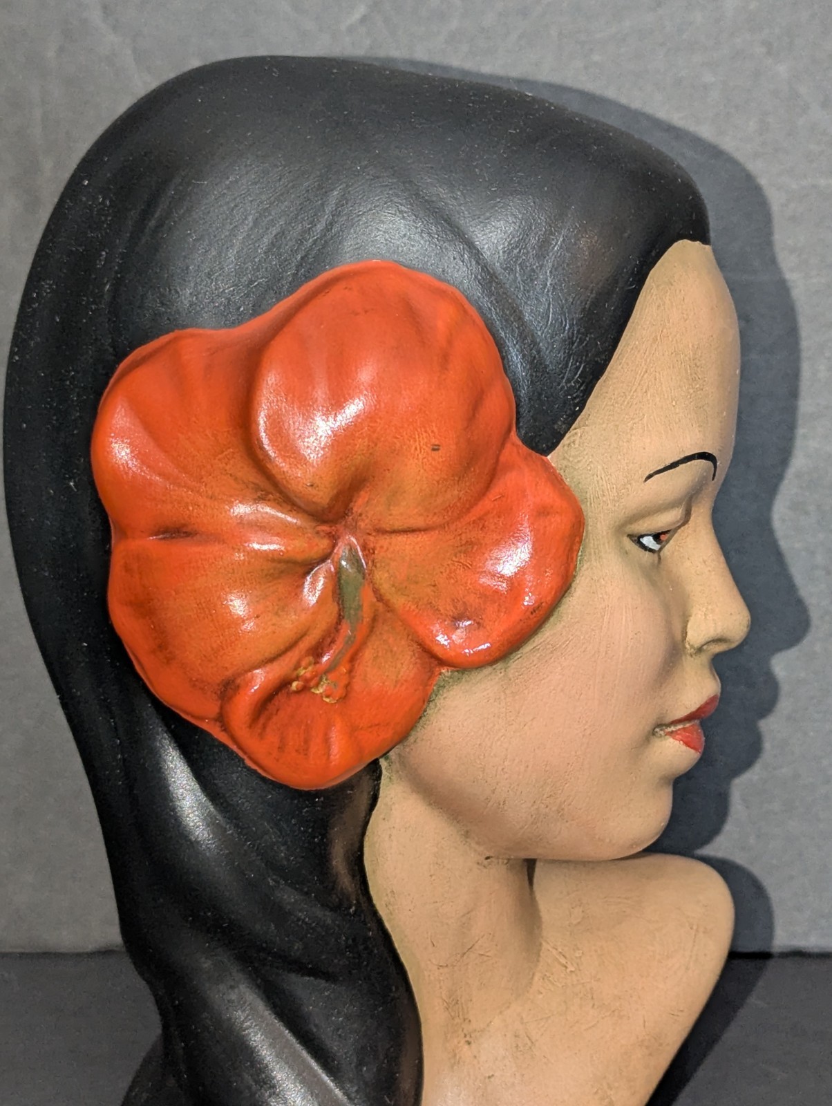 Vintage Hawaiian Polynesian Lady Woman Head Bust Statue Hand Painted Hibiscus