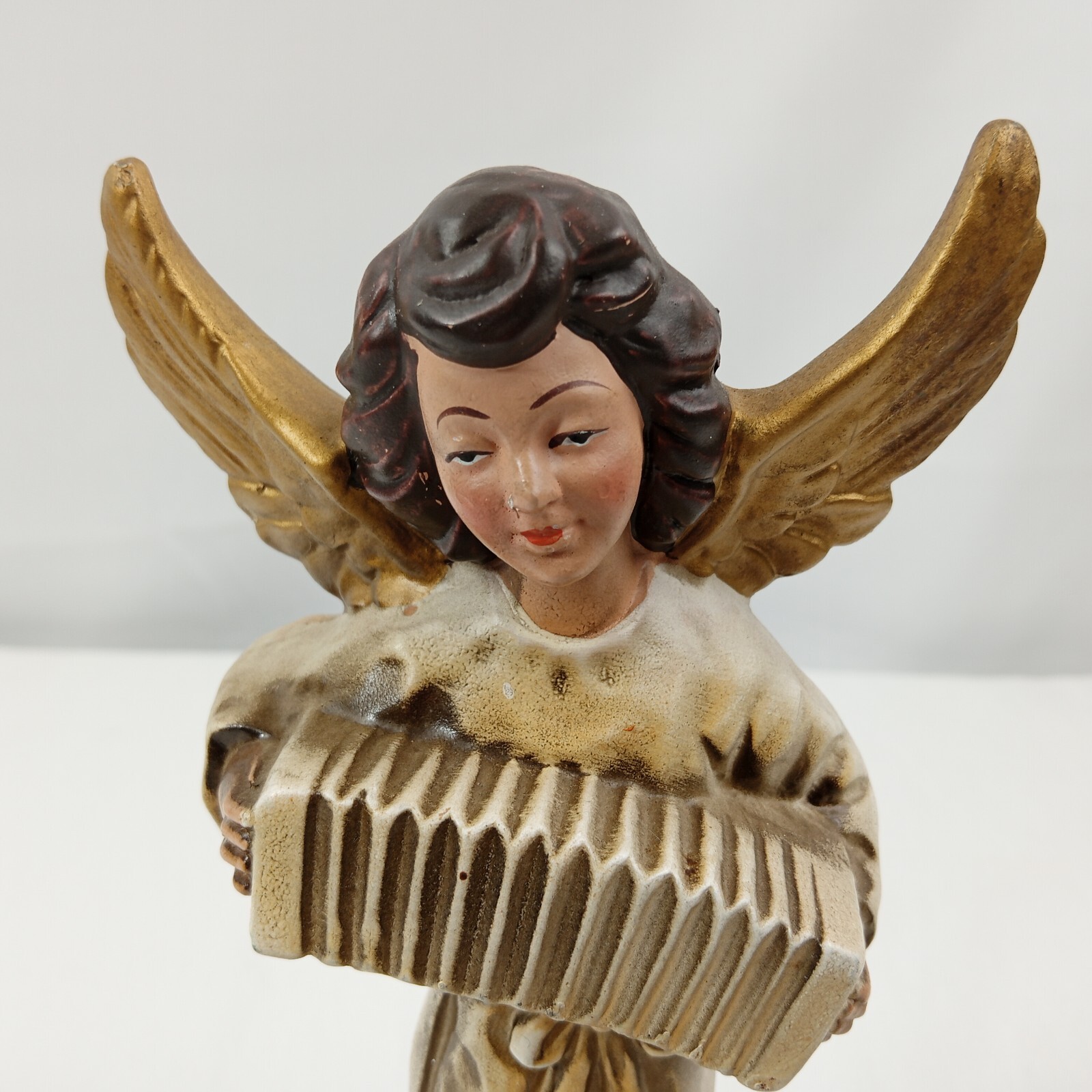 Vintage Angel Figurine Playing Accordion Gold White Distressed 7.5” Japan