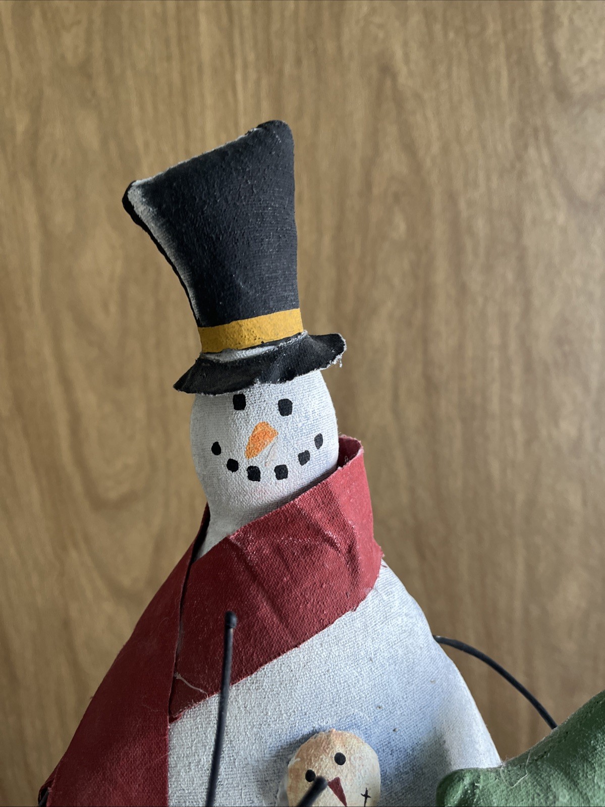 Painted Fabric Folk Art Rustic Snowman W Tree Christmas Decor Weighted 24”
