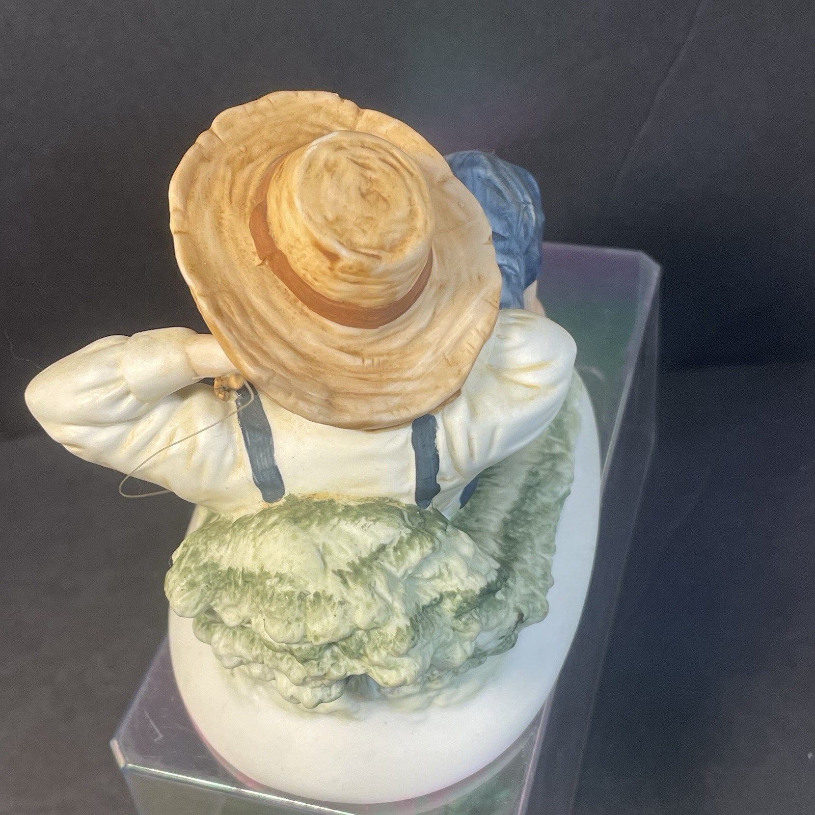 Lefton Bisque Figurine KW3839 Napping Barefoot Boy Fisherman In Overalls Vintage