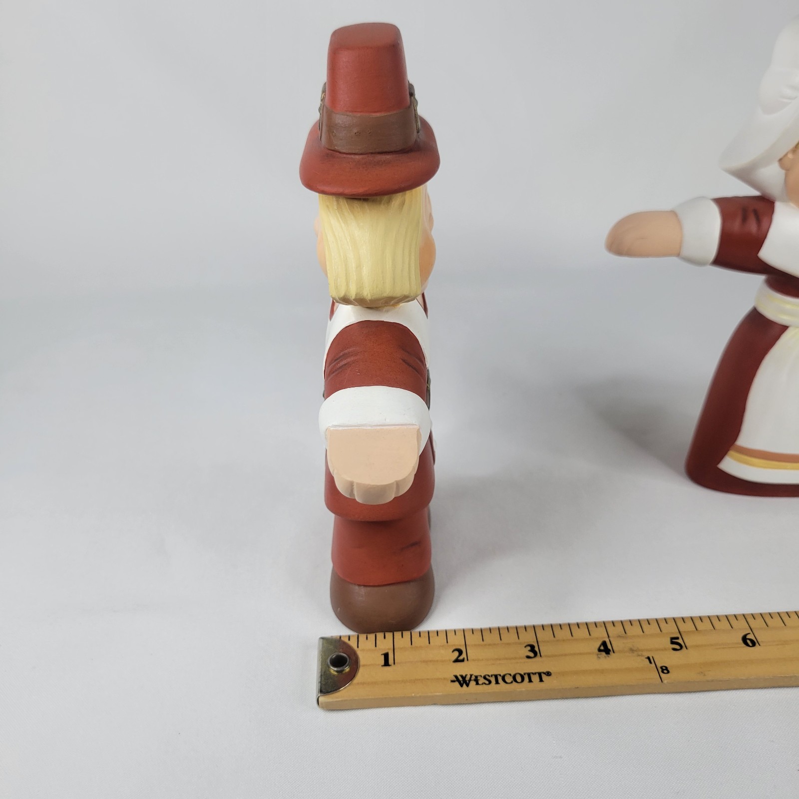 Vtg Set Ceramic Mold Figures Hand Painted 2 Sided Pilgrims Thanksgiving Boy Girl