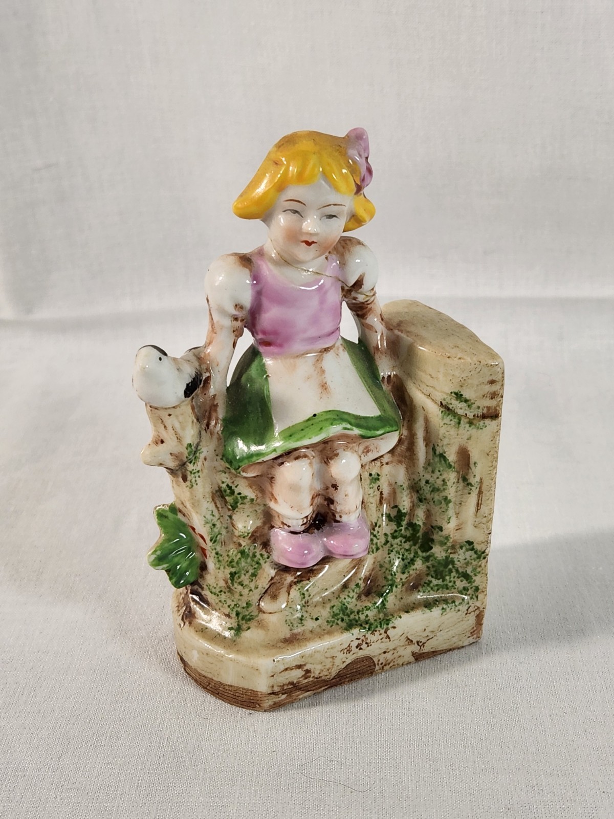 Occupied Japan Porcelain Girl Sitting on Fence with Bird Figurine READ DESC