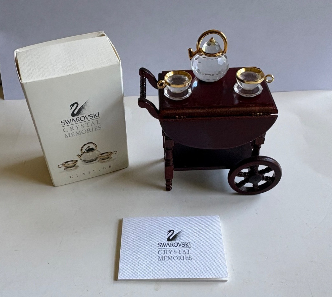 Swarovski Crystal Memories Tea Set Miniature Teapot Cups w/ Box & Wood Teacart
