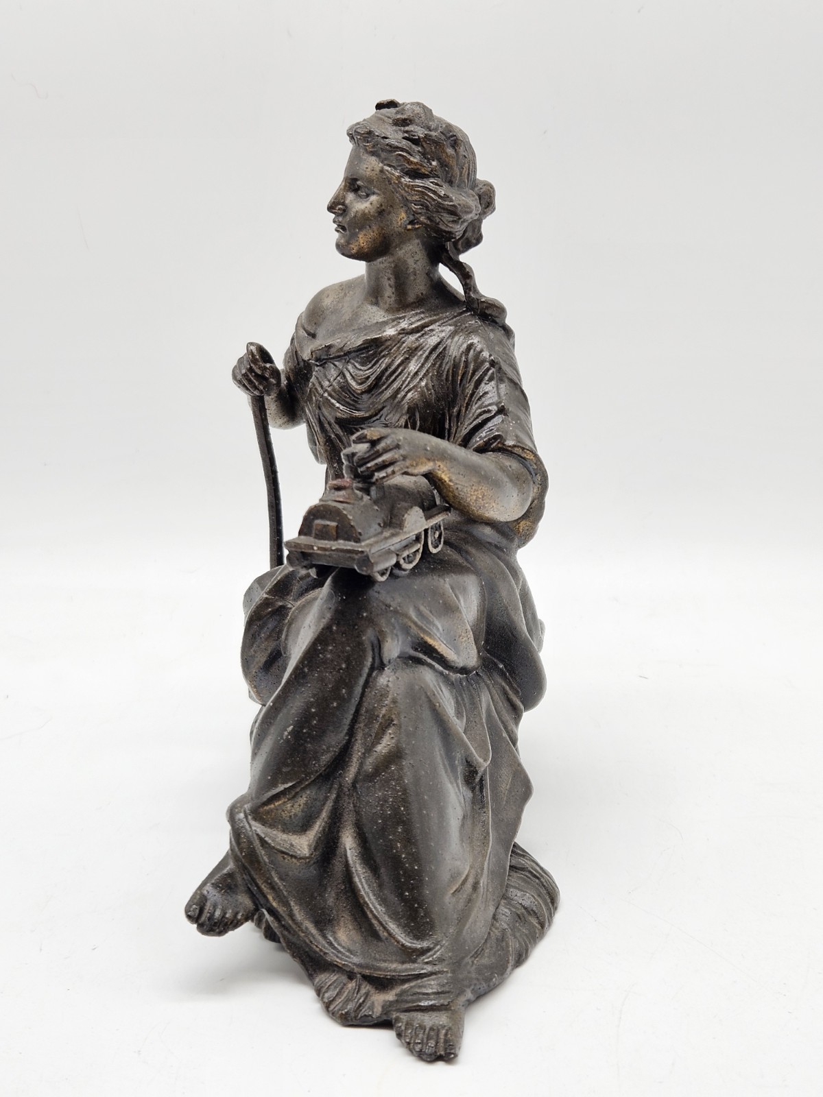 Cast Metal Mantle Clock Topper Statue Figurine Lady Greek Roman Seated Style Vtg