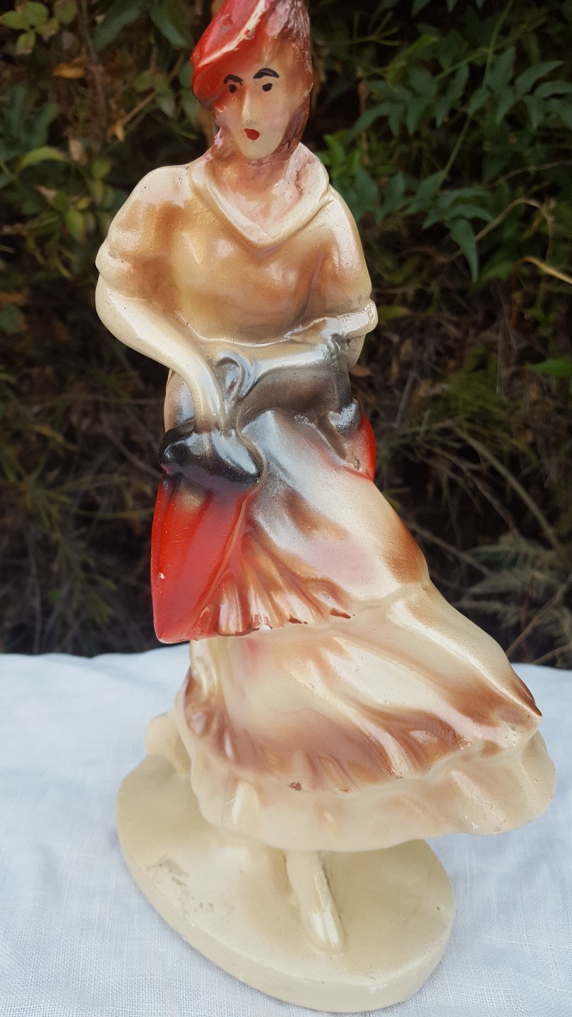 Vtg 1940s Art Deco Lady Walking with Umbrella 9″ Chalkware Plaster Figure