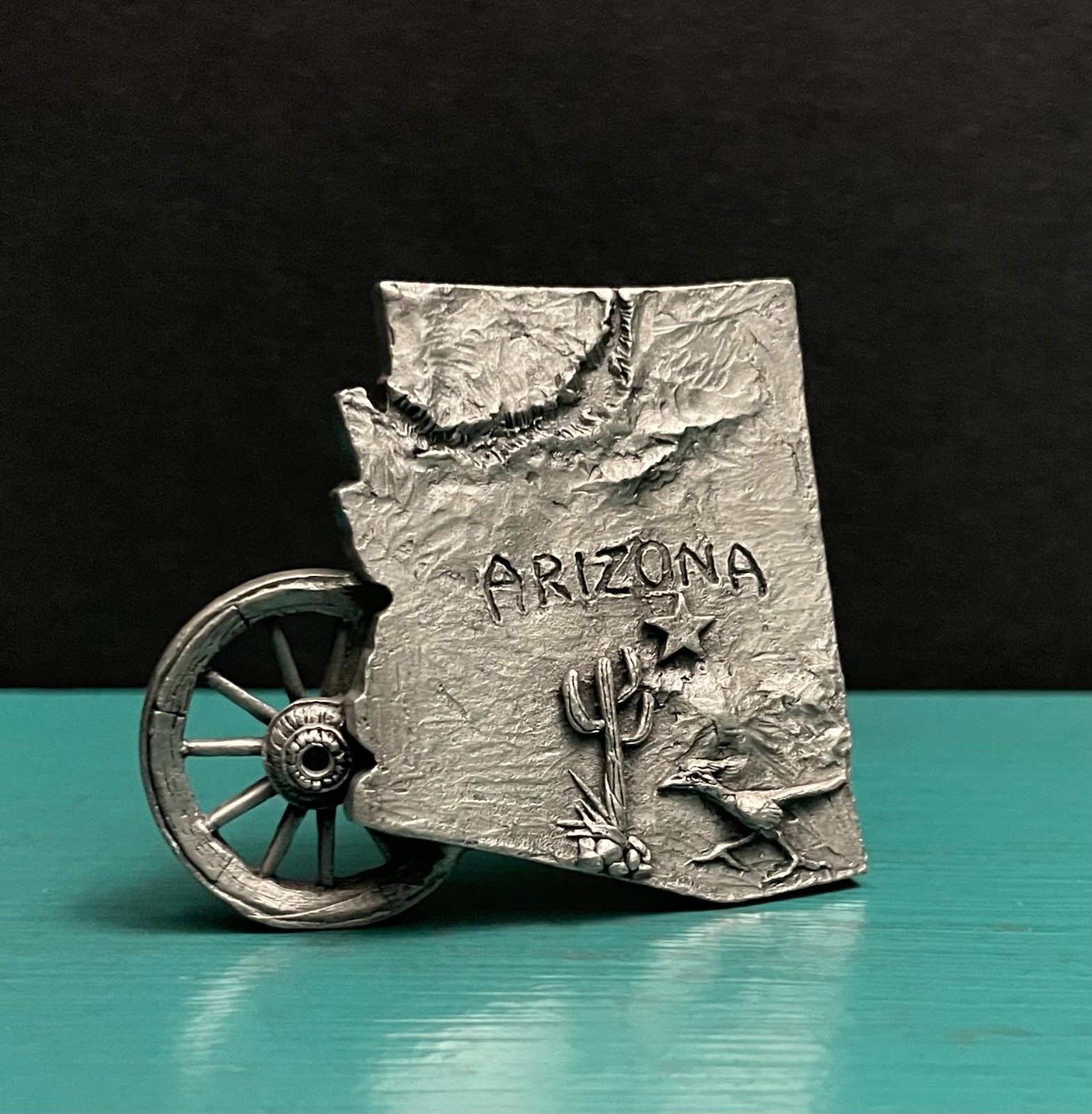Boyd Perry Rawcliffe Pewter Arizona State Map Roadrunner Saguaro Cactus Figurine