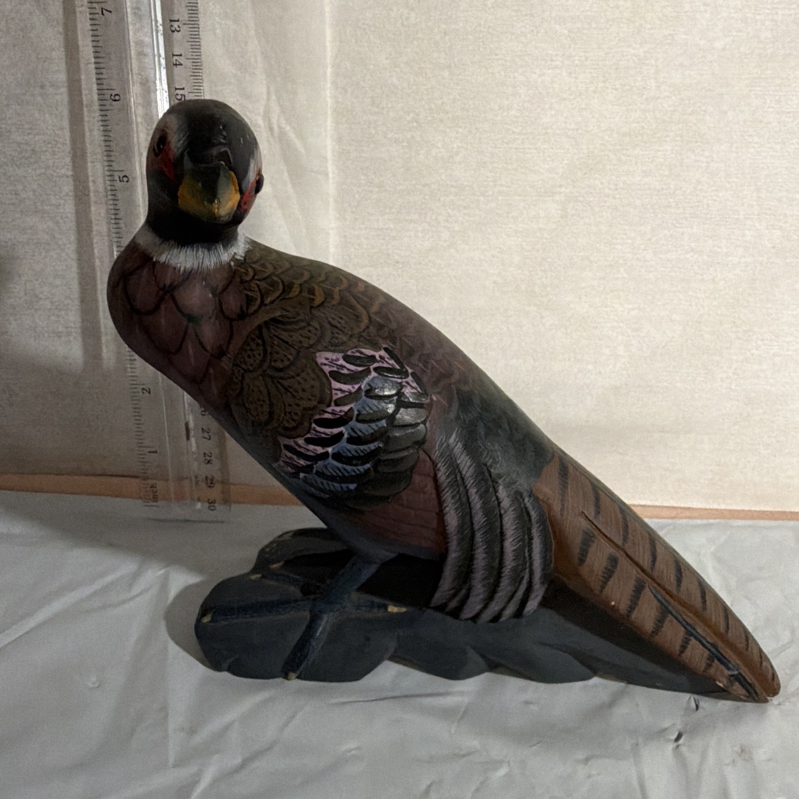 Hand-Painted Carved Stone Bird Figurine on Base Brown/Red/White 12 in L