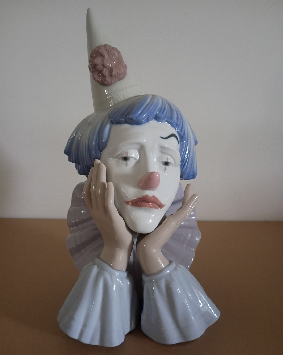 Porcelain Clown Bust Figurine, Blue White Gray Pink, Glossy Finish, Unboxed
