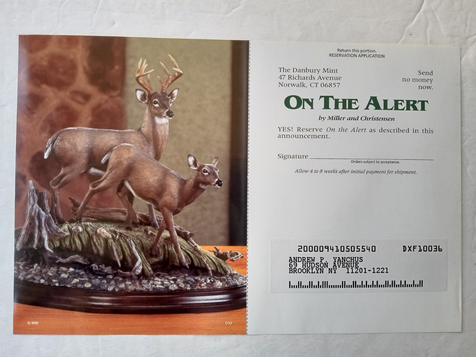 Danbury Mint “ON THE ALERT” Whitetail Deer Unused RESERVATION APPLICATION Form