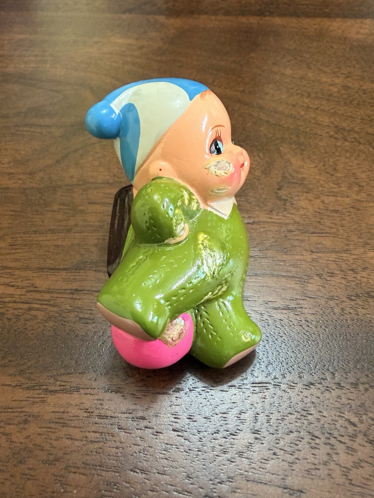 Hand Painted Ceramic Baby Figurine Green Outfit Blue Hat Pink Shoes 3 in