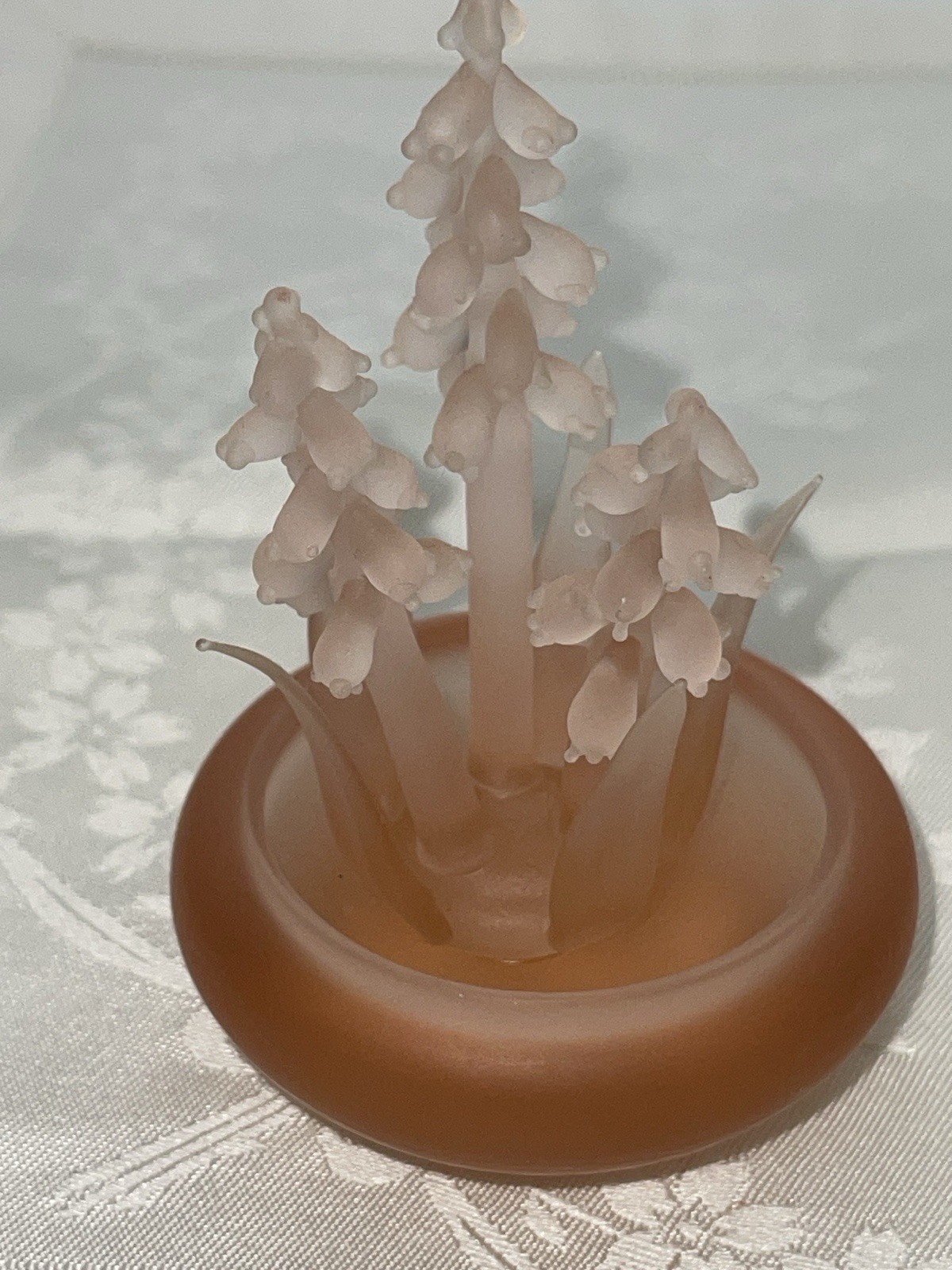 Vintage BALOS Frosted Mouthblown Glass Lily Of The Valley Flower Figurine Pink
