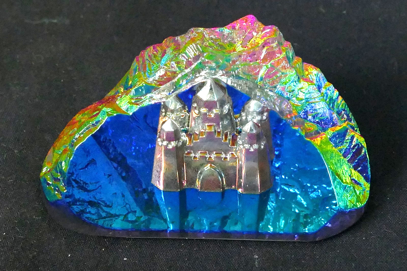 Classic Rainbow Color Castle In Mountain Crystal Paperweight Germany Mint-In-Box