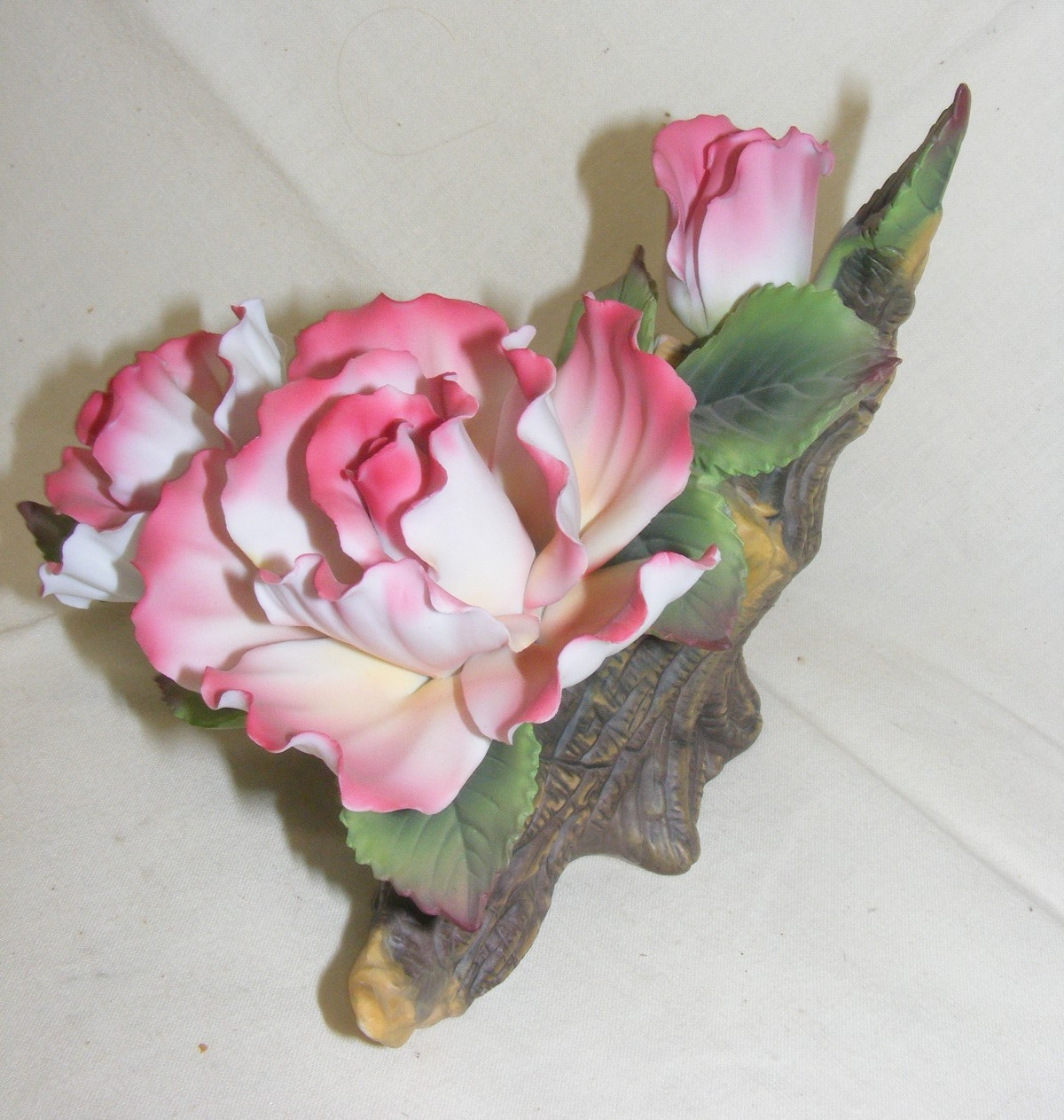 Andrea by Sadek Porcelain Figurine Pink Roses on Tree Stump