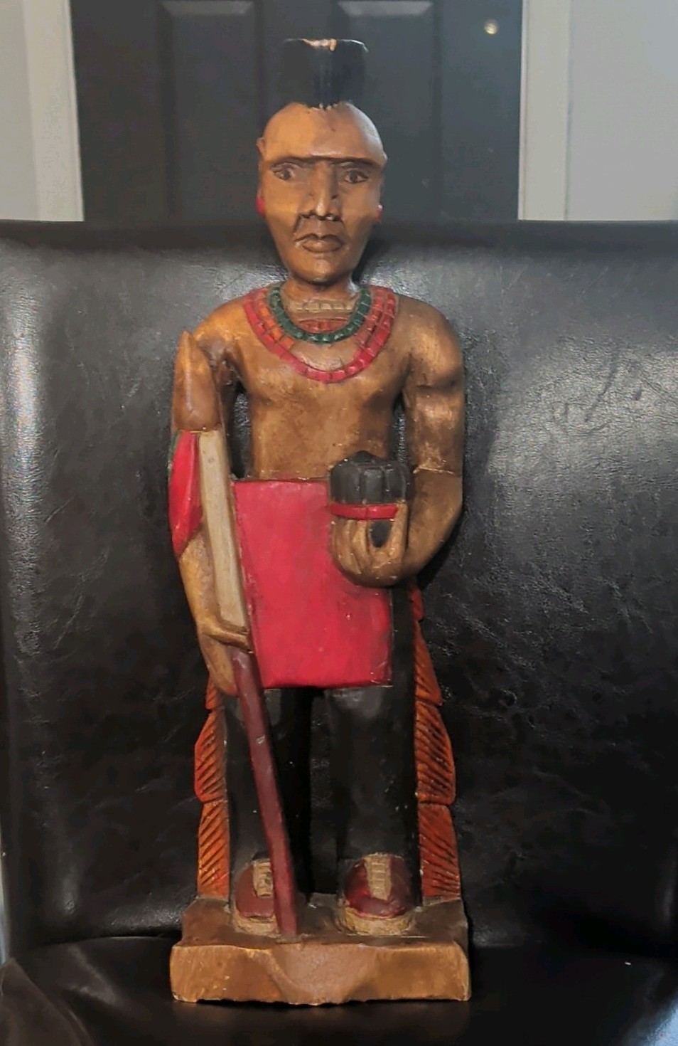 Hand-carved / hand-painted wooden tribal warrior man figurine statue