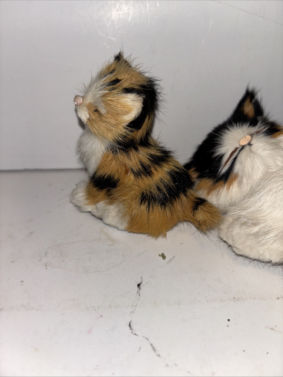 VTG Kitschy Ceramics Kitten with Fur & Calico Car Made With Rabbit Fur