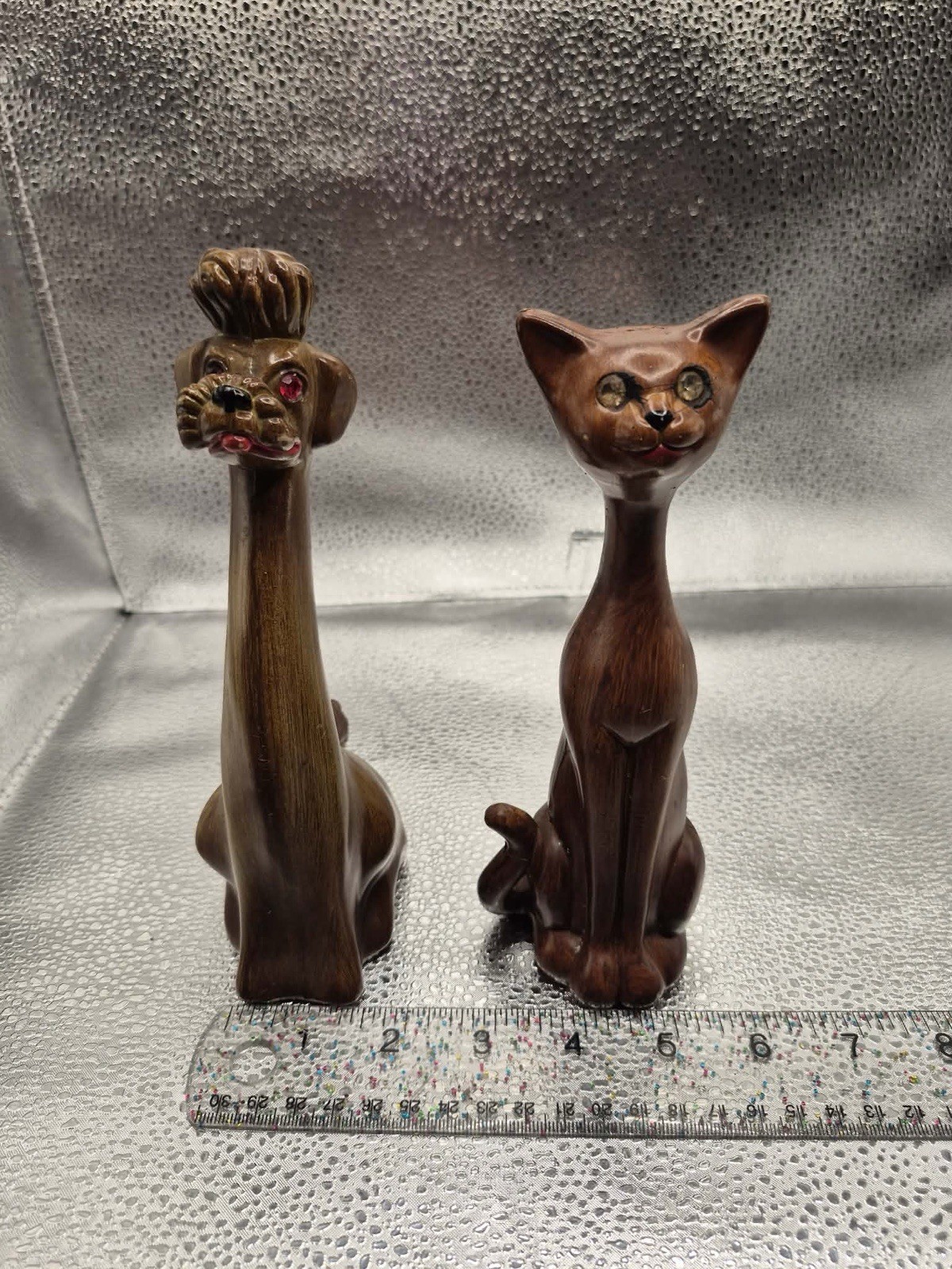 Cute & Kitschy MCM Long Neck Celluloid Cat & Poodle Dog Retro Midcentury Statues
